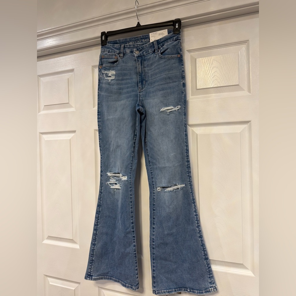 American Eagle Light Blue Distressed Curvy Super High Rise Flare Jeans